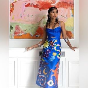 Rare Authentic ALEMAIS Guardian Printed Satin Keyhole Midi Dress Sz US 2